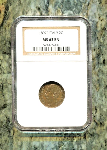 ITALY - SPECTACULAR 2 CENTESIMI, 1897 R, NGC GRADED MS 63 BN, KM# 30