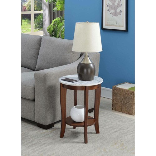 Convenience Concepts End Table Round Modern Design White Faux Marble + Espresso - Picture 2 of 7