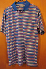 Pebble Beach Polo Golf Shirt Mens L Blue White Pink Stripes Dry Luxe Polyester