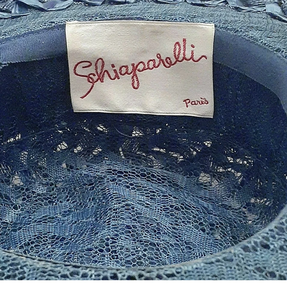 RARO 1950 Vintage Elsa Schiaparelli París Azul Tejido Rafia Sombrero Cinta RARO Foto 2 de 4