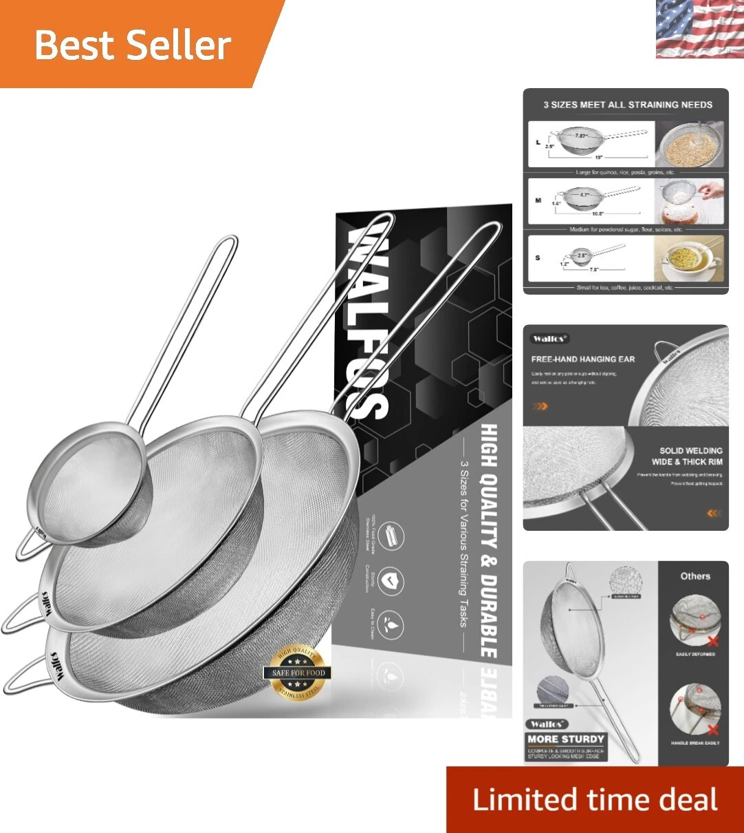 Versatile Fine Mesh Colanders Set with Long Handles - Dishwasher Safe & Durable