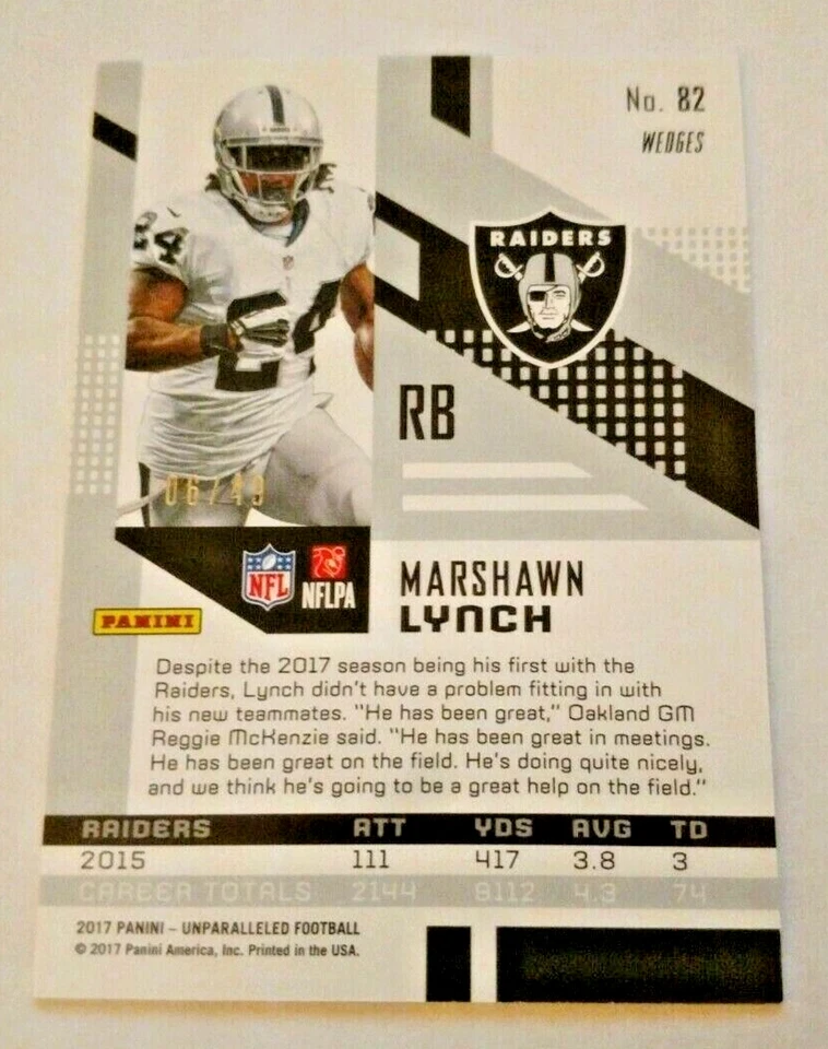 2017 Panini Unparalleled Orange Wedges #82 Marshawn Lynch Oakland Raiders /49 - Image 2 of 2