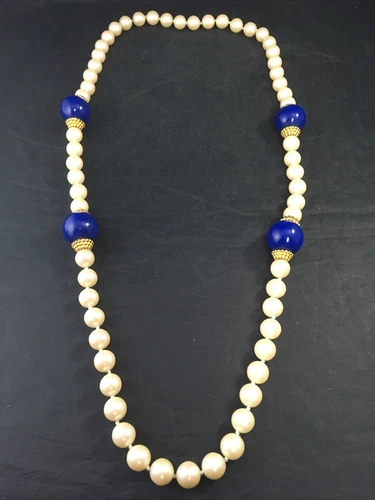 Blue Gold Ivory Beaded Necklace Funky Big Bead Vintage Costume Jewelry