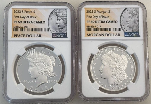 2023-S Proof Morgan & Peace Silver Dollar 2-Coin Set NGC PF69 First Day of Issue