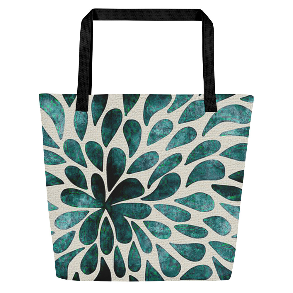 Teal Abstract Swirl Print Oversized Tote Bag-image