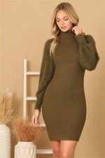 Faux Fur Sweater Dress Size Large Olive Green Bodycon Turtleneck