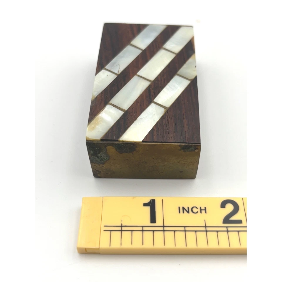Vintage Wood Inlay Trinket Box Mother of Pearl Striped Decorative Small - Image 4 of 4