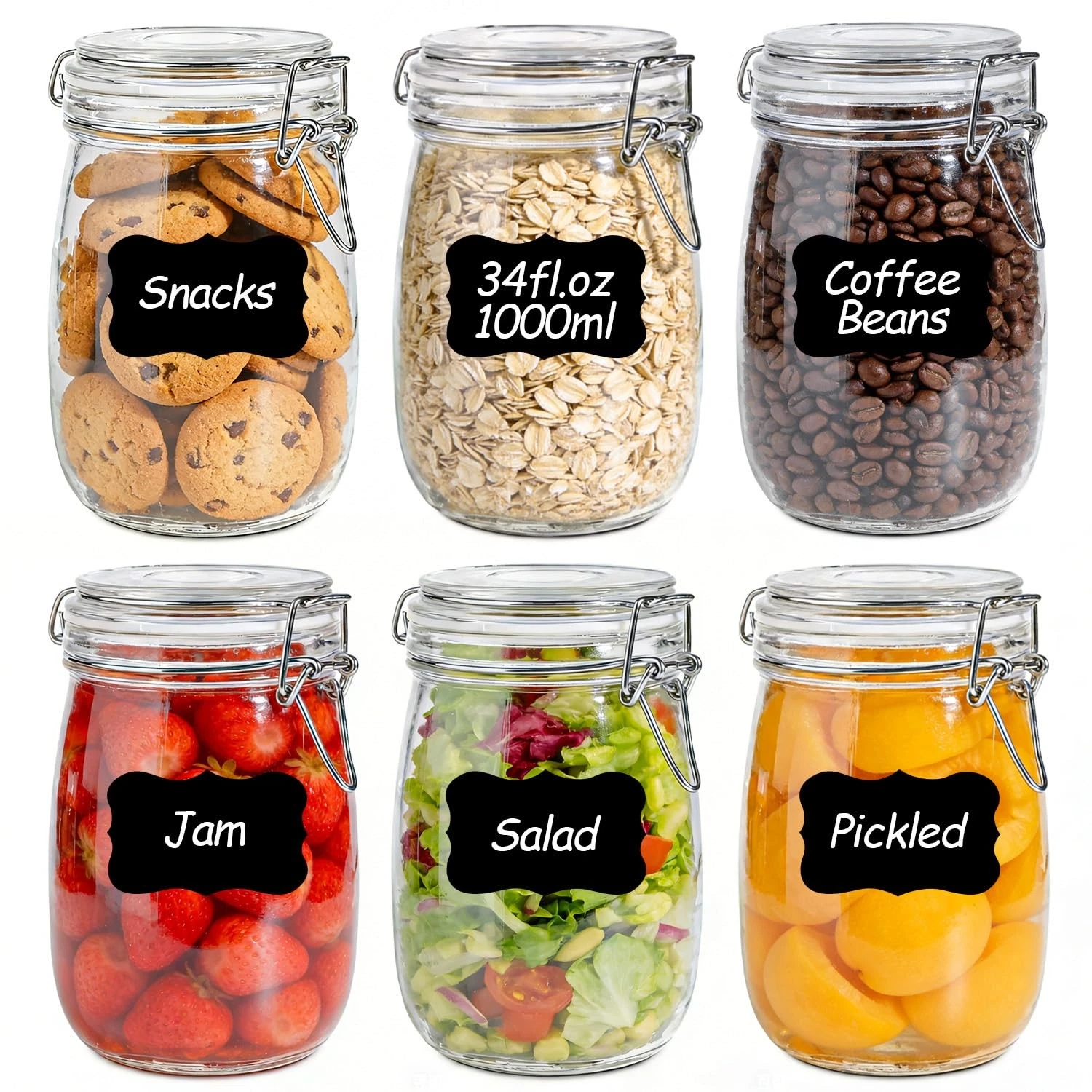 34oz 6 Pack Glass Jars with Airtight Lids - Round Food Storage Canisters for ...
