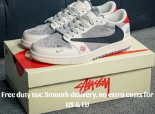 Men's Size US 7-12 AJ1 Low OG Custom 'Red Seal' Travis Sc0tt x Fragment x Stüssy