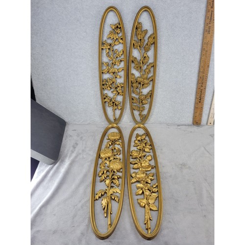 Vintage Homco Gold Floral Wall Decor Panels Set of 4 Syroco Mid Century 22"