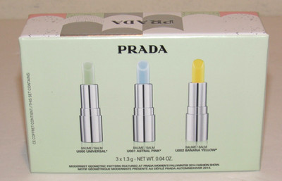 Prada Lip Balm Trio Set Astral Pink Banana Yellow Universal 1.3g Travel MINI NIB