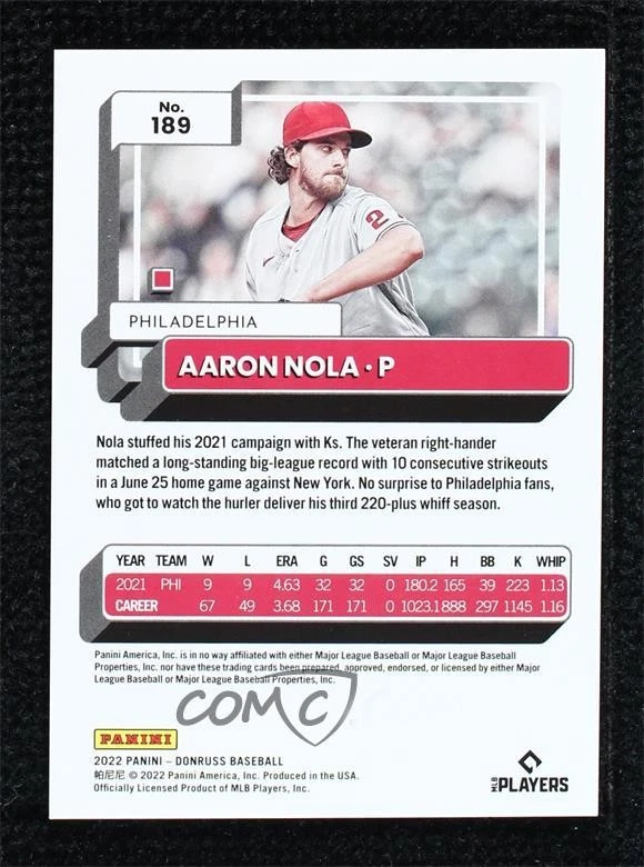 2022 Panini Donruss Artist Proof /10 Aaron Nola #189 - Image 2 of 2