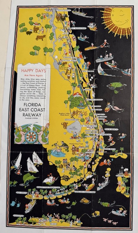 Vintage 1933 Florida East Coast Railway Pictorial Fold-Out Map-Scarce-9 By 16