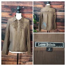 Love Stitch Size Small Ruffle Blouse Embroidered Brown Nylon Puff Sleeve NEW 