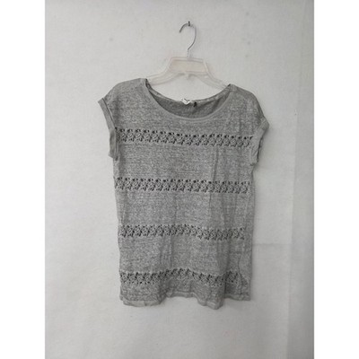 Akemi + Kin Top Women XS Gray 100% Linen Crochet Lace Inset Rolled Cap Sleeve