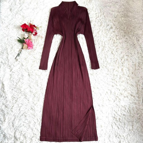 PLEATS PLEASE ISSEY MIYAKE 23AW Deformed Long Sleeve Maxi Dress Bordeaux Size L