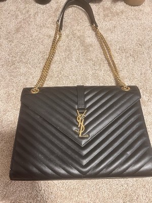 Authentic YSL Saint Laurent Monogram Envelope Flap Bag Chevron Large Purse Chain