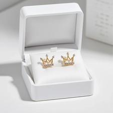 Solid 14K Yellow Gold Crown CZ Stud Earrings Sparkling Royal Design Gift Unisex