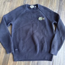 Lacoste Unisex Med Navy Blue Ribbed-Knit Cotton Pullover Sweater Crew Neck Logo
