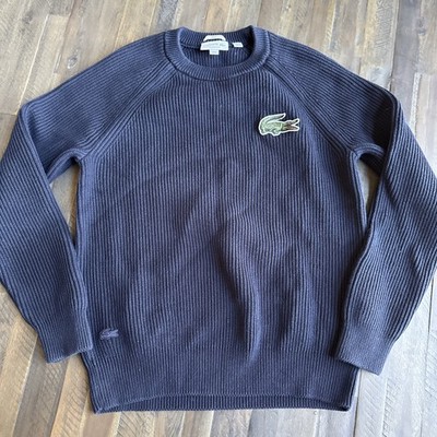Lacoste Unisex Med Navy Blue Ribbed-Knit Cotton Pullover Sweater Crew Neck Logo