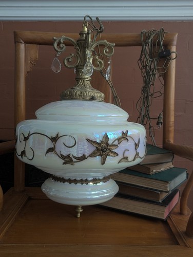 MCM Vtg Carl Falkenstein Glass Opalescent Swag Art Lamp Globe Hollywood Regency - Picture 2 of 23