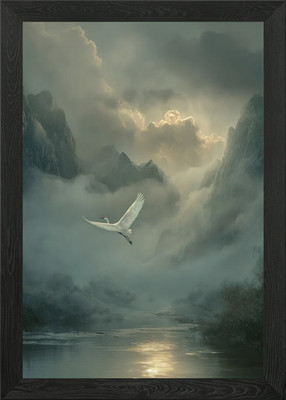 Gerahmtes Wandbild Poster Leinwanddruck Bild Weißer Reiher fliegt über Nebelländer