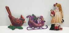 Vintage Metal Christmas Ornaments Cardinal Girl w/Doll Santa Sleigh Lot of 3