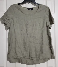 Tahari Women Plus 1X Green Top 100% Linen Washable Short Sleeve Scoop Neck Top