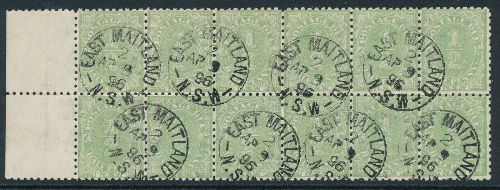 SG D1 New south wales 1892 ½d Green perf 10. A very fine used block of 12.