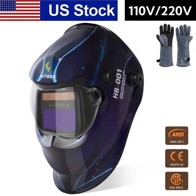 Pro True Color Solar Powered Auto Darkening Welding Hood Helmet w/Welding Gloves