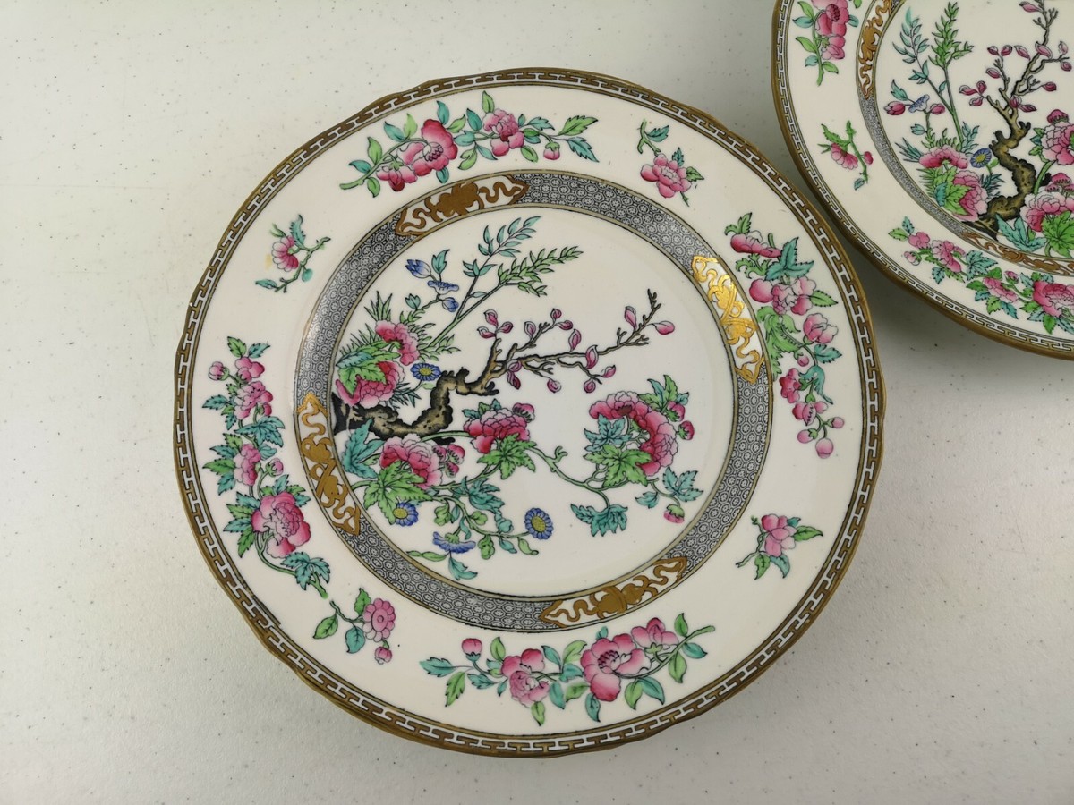 4 Assiettes à Soupe MINTON Motif INDIAN TREE – Porcelaine Anglaise 25,2 Cm – Très Bon état