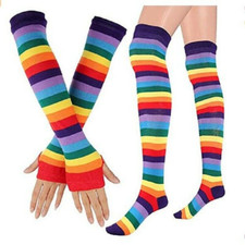 Women's Knee Thigh High Socks Arm Long Sleeve Warmer Gloves Rainbow Striped