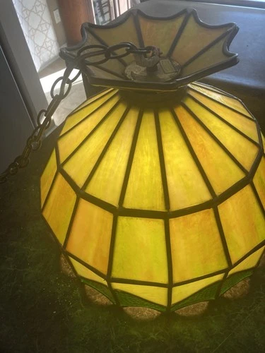 Vintage Hanging Swag Lamp Stained Leaded Glass 14x16” Yellow Green Tiffany Style