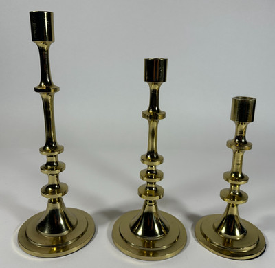 Set of 3 Stair step Graduated Size Brass Tone Candlesticks Tapered 12'' 10'' 8''