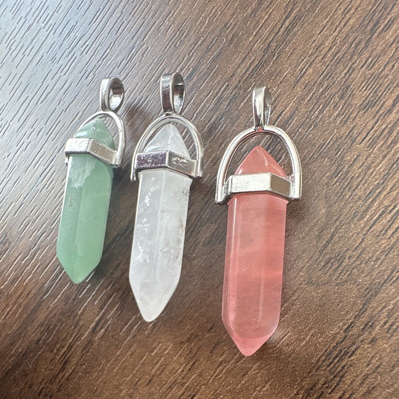 3pc Quartz Crystal Point Hexagon Pendant Charm Lot w/ Silver-Tone Bails