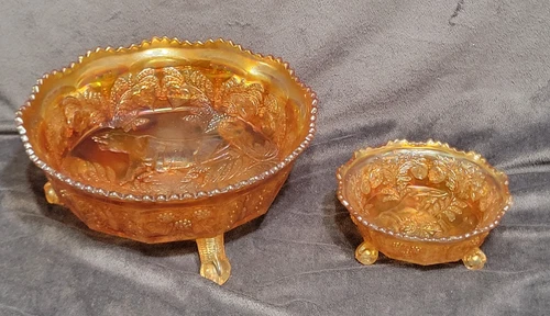 Vintage Set of 2 Fenton Carnival Glass Eagle Claw Panther Marigold Bowls