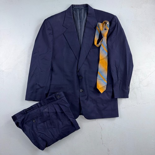 1990s Custom VTG Mens 2 PC Suit 40 Jacket Coat Pants Navy Blue Wool Rockabilly