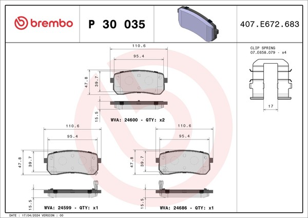Bremsbelagsatz Scheibenbremse Prime Brembo P 30 035 FüR KIA Hyundai Carnival TQ-image