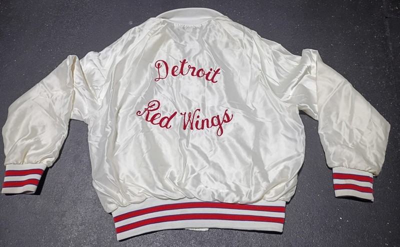 Vtg 1970s DETROIT RED WINGS Satin JACKET M White SEWN-ON Aristo-Jac By Hilton