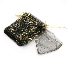 10 Moon Star Organza Gift Bags Wedding Jewelry Drawstring Xmas-3.54" x 2.76"Blck