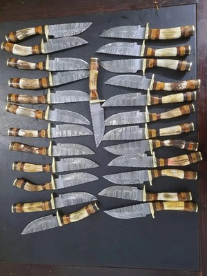 LOT OF 10, 8'' Handmade Damascus Steel Skinner Knives in Stag Handle W/Sheaths.