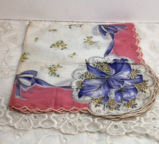 Vintage Hankie Floral Print Handkerchief Pink Blue White Cotton