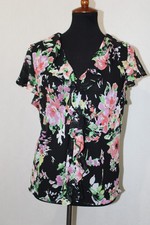 CHAPS Sz XL Black Floral Sheer Knit Ruffle Tunic Short Flutter Sleeve