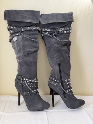 Patient Grey Denim Knee High Rock & Candy ZIGI Rhinestone Chain Distressed 8 NEW
