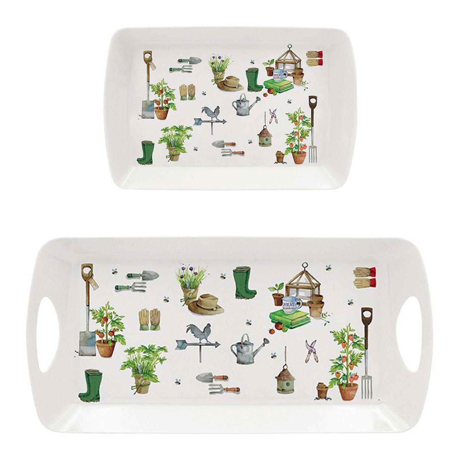 2pc Garden Theme White Melamine Serving Tray Set Small Medium Food Drinks Snacks