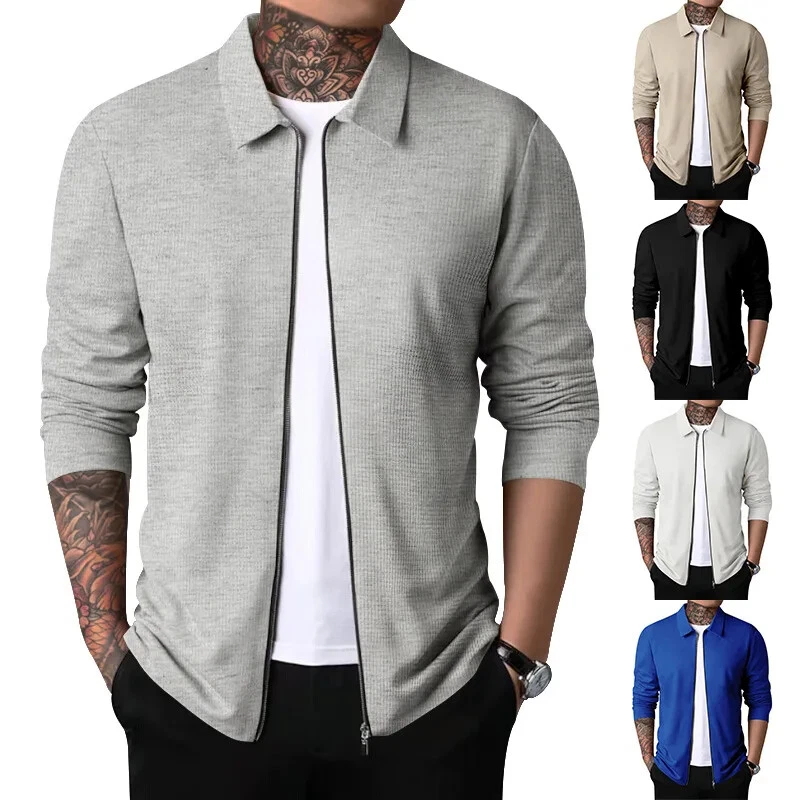 Men Waffle Cardigan Collar Jacket Nick Garment Casual Polo Zipper Long Sleeve