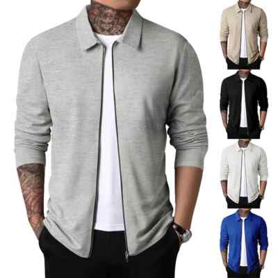Herren Waffel Strickjacke Kragen Jacke Nick Garment Freizeit Polo Reißverschluss Langarm 