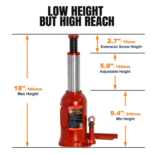 20 Ton (40,000 LBs) Capacity Hydraulic Welded Heavy Duty Bottle Jack , Red - Picture 2 of 9