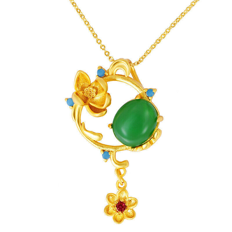 Natural Jade Flower Pendant Necklace Charm Real Jewelry 18K Gold Plated Amulet