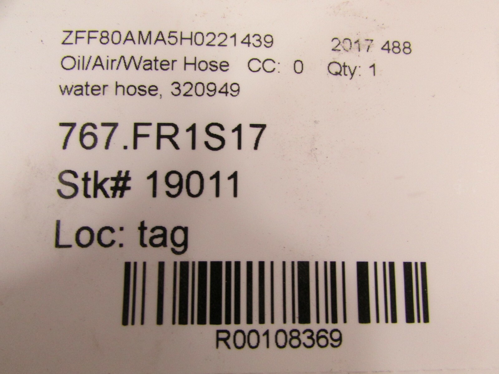 Ferrari 488, Auxiliary Water Pump Return Hose, Used, P/N 320949